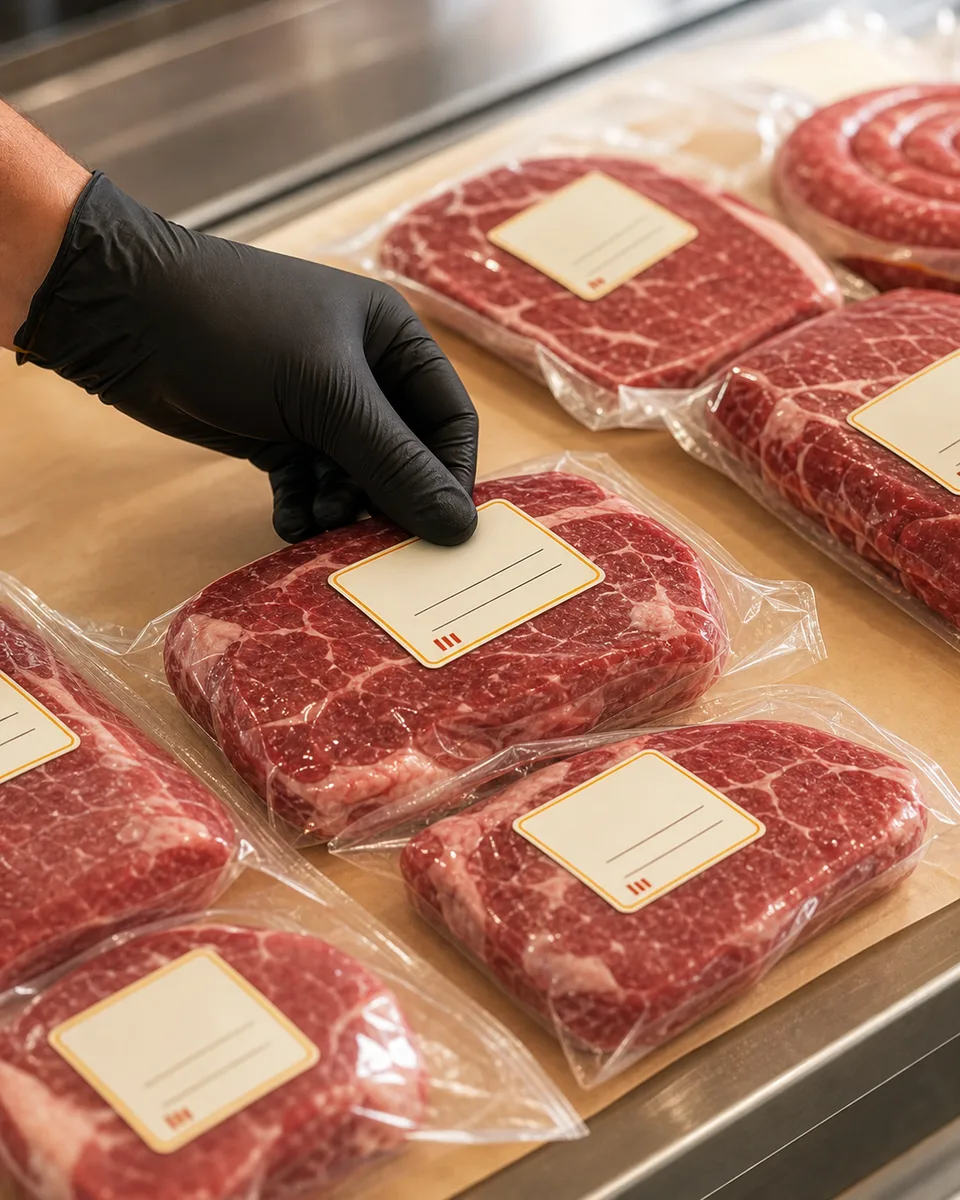 Porções de carne frescas embaladas e recebendo etiquetas