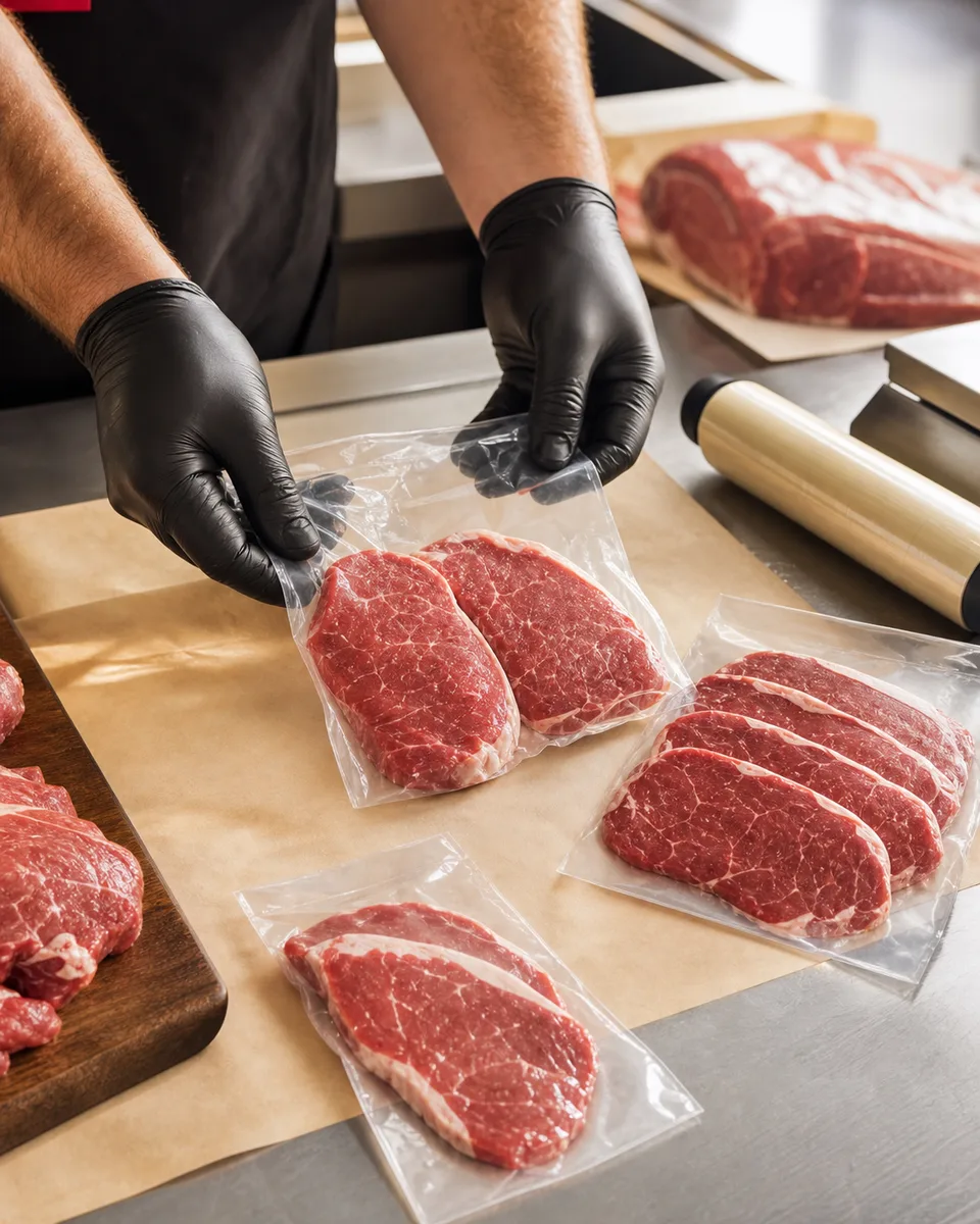 Açougueiro separando bifes frescos em porções de tamanhos diferentes